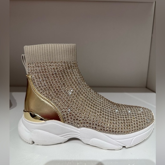 Michael Kors Katrina stretch knit bootie hot fix stones embellished sparkly gold - Picture 3 of 12